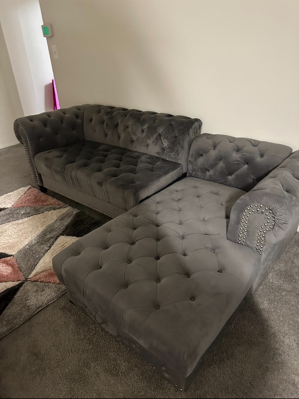 Home Accents Gray Tufted Velvet Sectional Sofa with Nailhead Trim